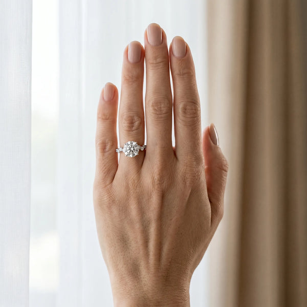 White gold Round Cut Diamond Cluster Side Stone Solitaire Ring with Prong Setting