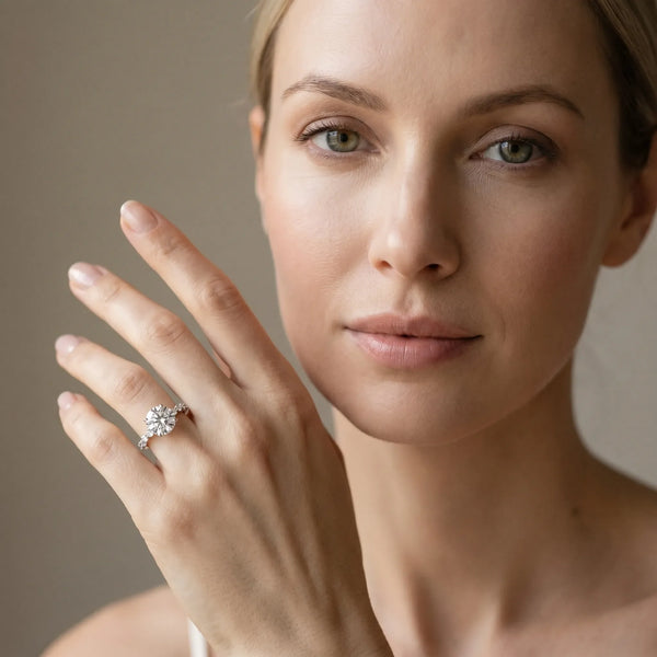 Silver 1.50 Carat F VS1 Round Diamond Cluster Side Stone Solitaire Ring with Prong Setting