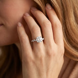 Silver 1.50 Carat F VS1 Round Diamond Cluster Side Stone Solitaire Ring with Prong Setting