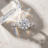 Silver 1.50 Carat F VS1 Round Diamond Cluster Side Stone Solitaire Ring with Prong Setting