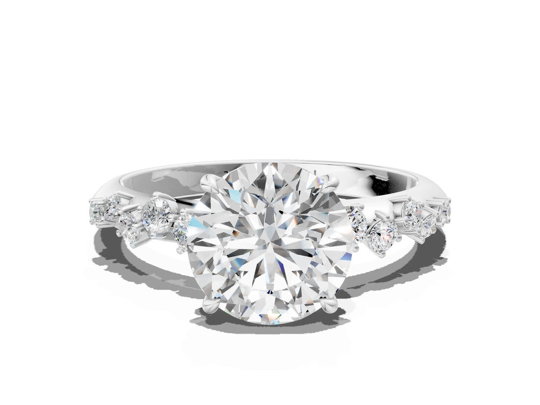 Silver 1.50 Carat F VS1 Round Diamond Cluster Side Stone Solitaire Ring with Prong Setting