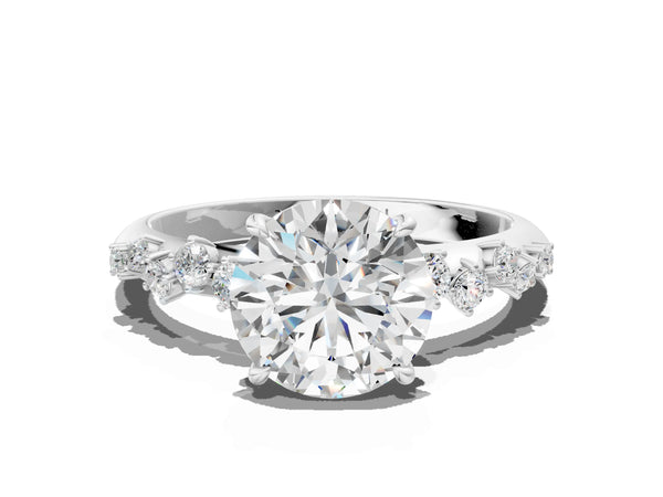 Silver 1.50 Carat F VS1 Round Diamond Cluster Side Stone Solitaire Ring with Prong Setting