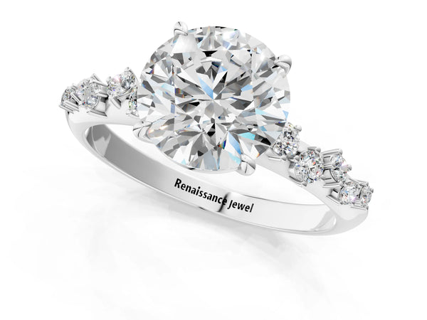 Silver 1.50 Carat F VS1 Round Diamond Cluster Side Stone Solitaire Ring with Prong Setting
