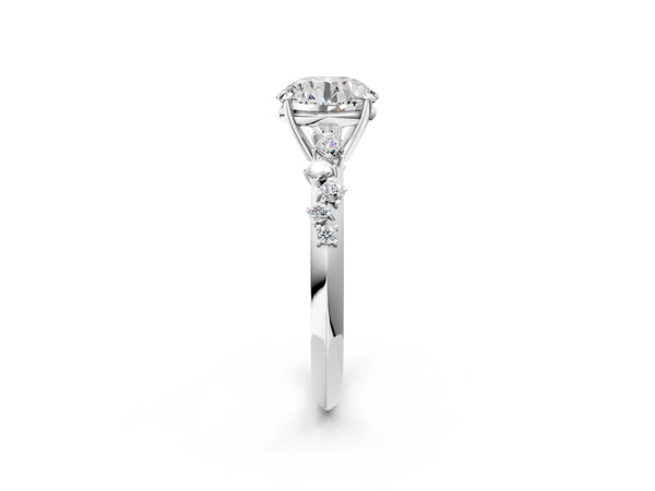 White gold Round Cut Diamond Cluster Side Stone Solitaire Ring with Prong Setting