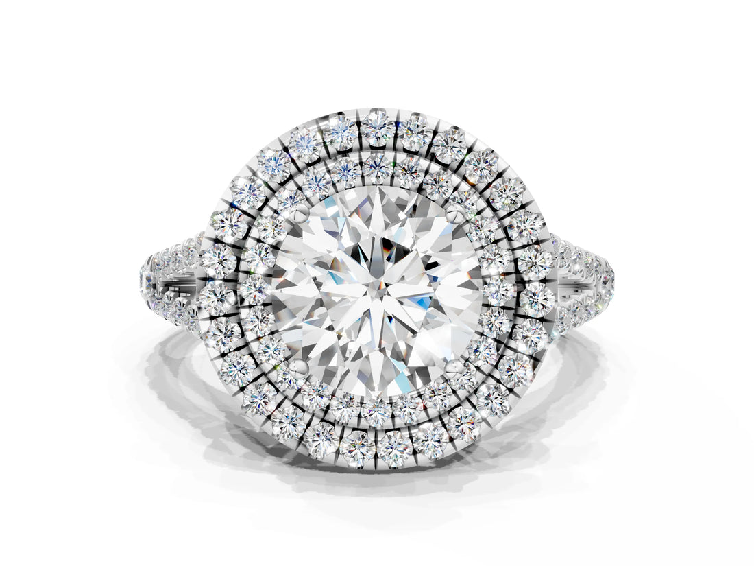 White gold Round Cut Diamond Double Halo Ring with Pavé Band and Prong Setting_178
