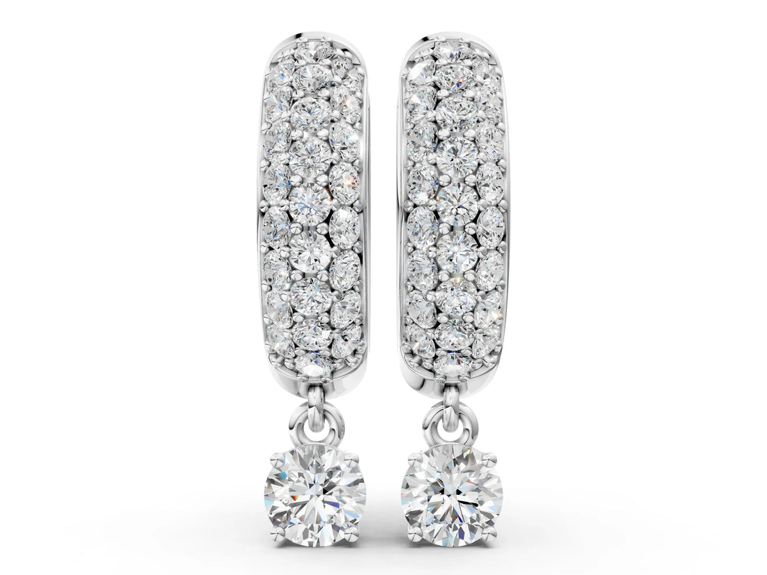White gold Round Cut Diamond Drop Huggie Hoop Earrings with Pavé Detailing_4