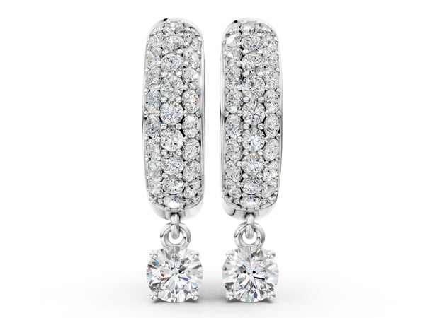 Silver Round Cut Diamond Drop Huggie Hoop Earrings with Pavé Detailing