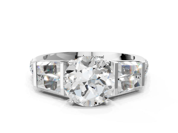 Platinum Round Engagement Ring Setting with Channel Set Baguettes and Accented Band