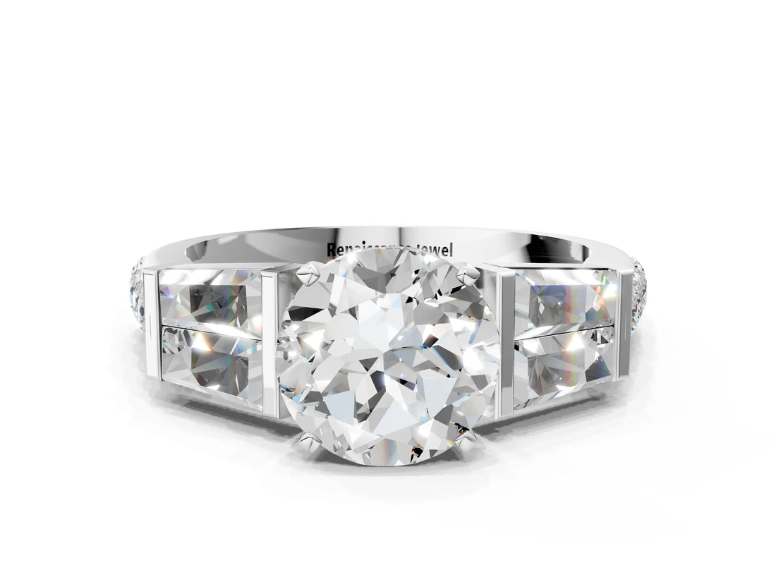 White gold Round Cut Diamond Engagement Ring with Baguette Side Stones and Channel Set Band_40