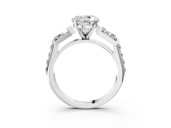 Platinum Round Engagement Ring Setting with Channel Set Baguettes and Accented Band