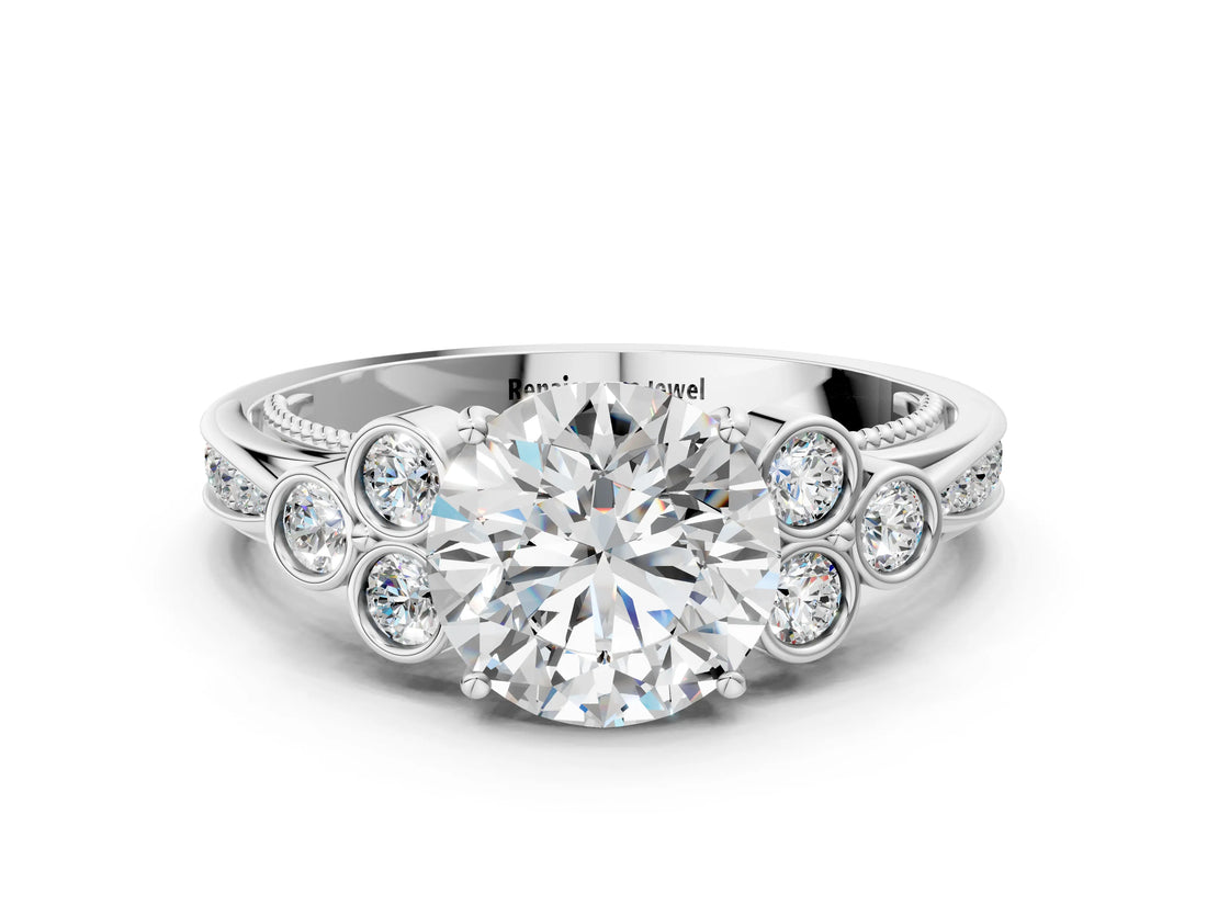 White gold Round Cut Diamond Engagement Ring with Bezel Set Round Side Stones and Prong Setting_67