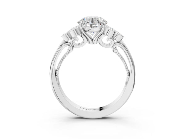 Platinum Round Cut Diamond Engagement Ring with Bezel Set Round Side Stones and Prong Setting
