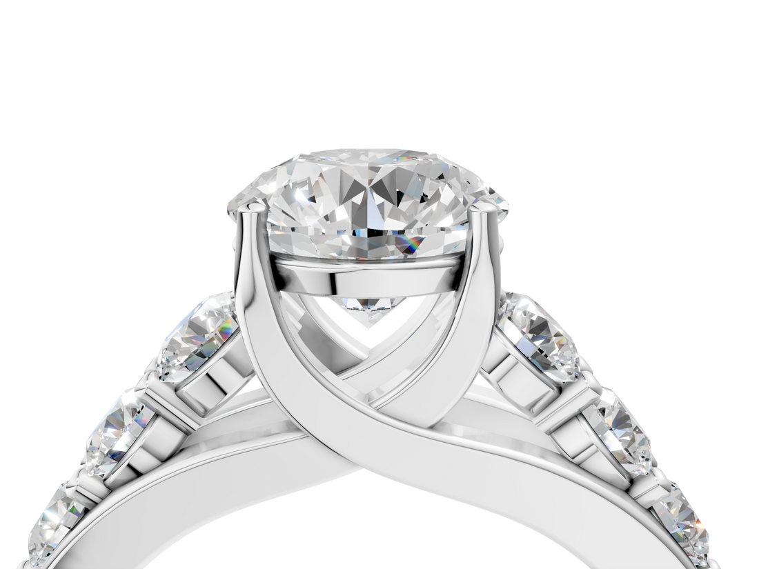 White gold Round Cut Diamond Engagement Ring with Pavé Band and Four-Prong Setting_48