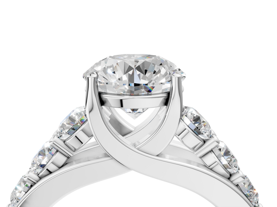 White gold Round Cut Diamond Engagement Ring with Pavé Band and Four-Prong Setting
