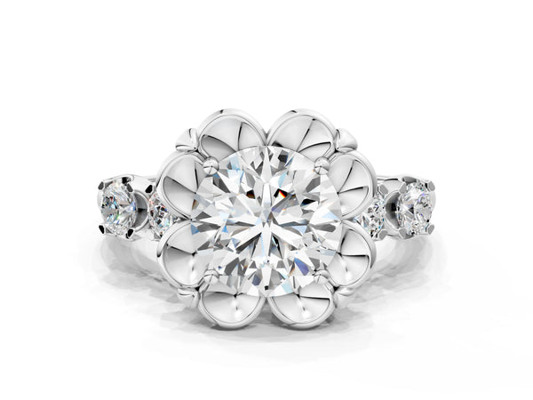 White gold Round Cut Diamond Floral Halo Engagement Ring with Shared Prong Setting