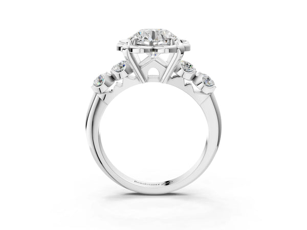 White gold Round Cut Diamond Floral Halo Engagement Ring with Shared Prong Setting