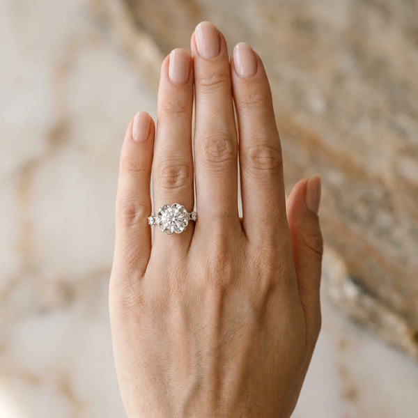 White gold Round Cut Diamond Floral Halo Engagement Ring with Shared Prong Setting