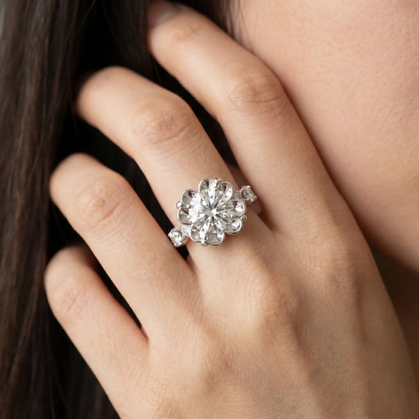 White gold Round Cut Diamond Floral Halo Engagement Ring with Shared Prong Setting