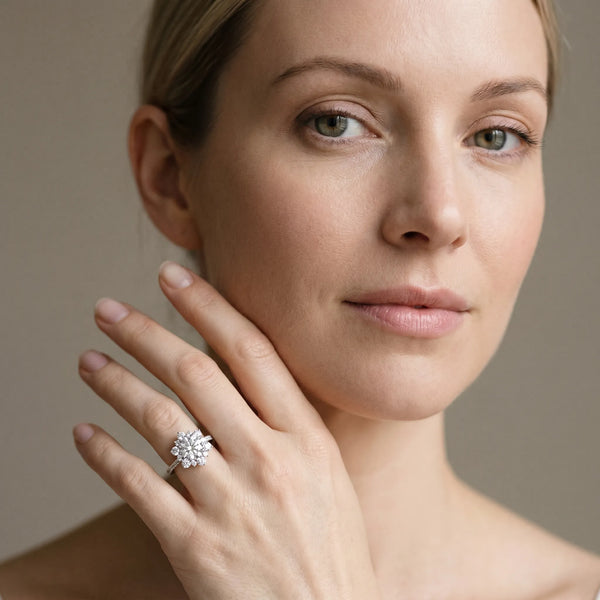 White gold Round Cut Diamond Floral Halo Ring with Round Pavé Band and Prong Setting