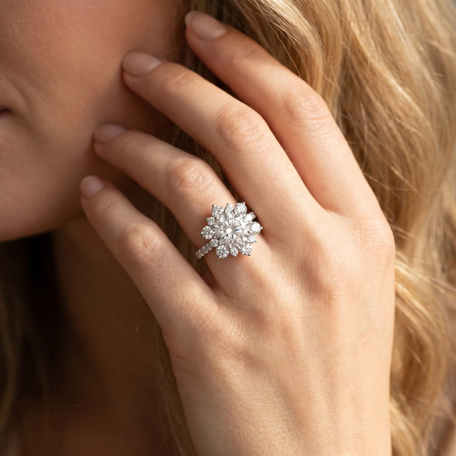 White gold Round Cut Diamond Floral Halo Pave Band with Prong Setting