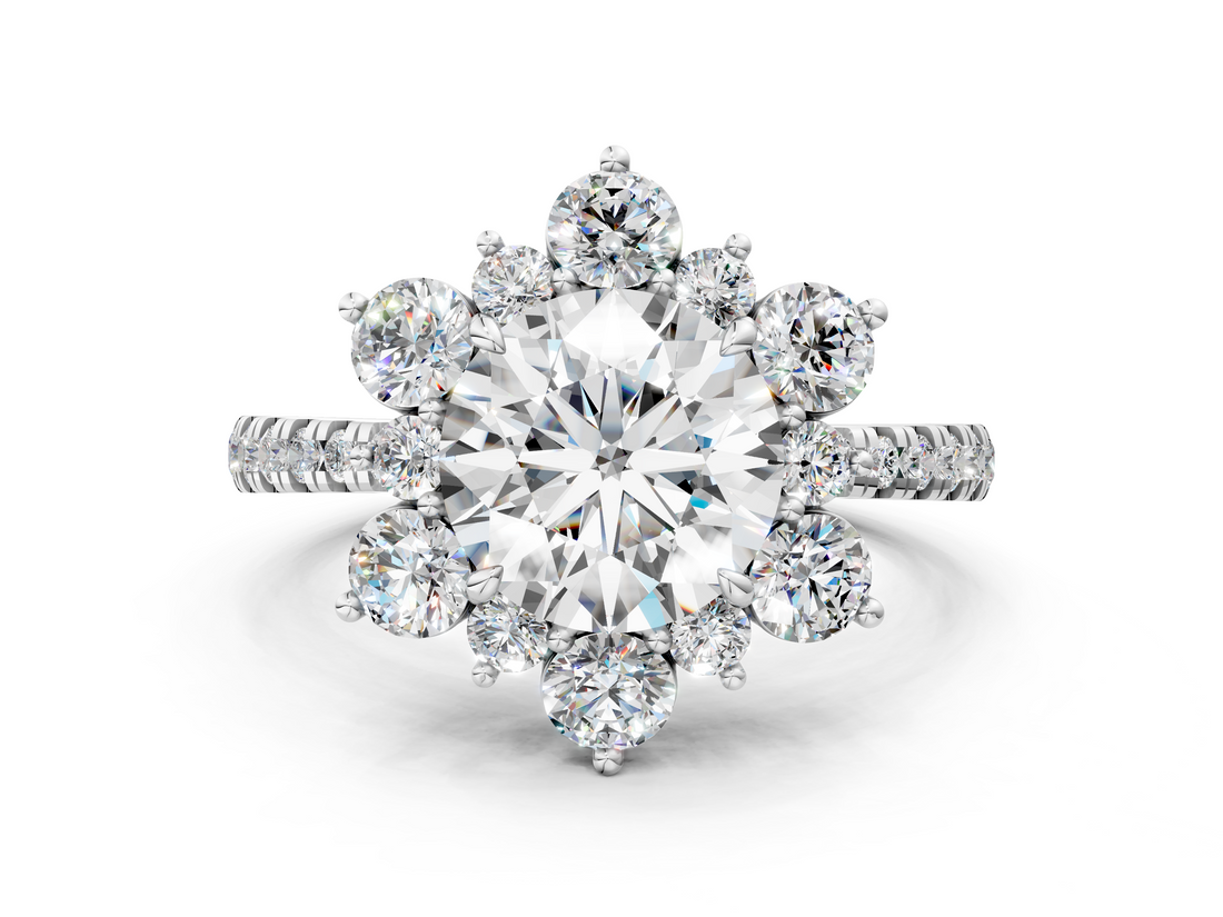 White gold Round Cut Diamond Floral Halo Pave Band with Prong Setting_55