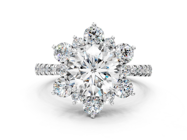 White gold Round Cut Diamond Floral Halo Pave Band with Prong Setting