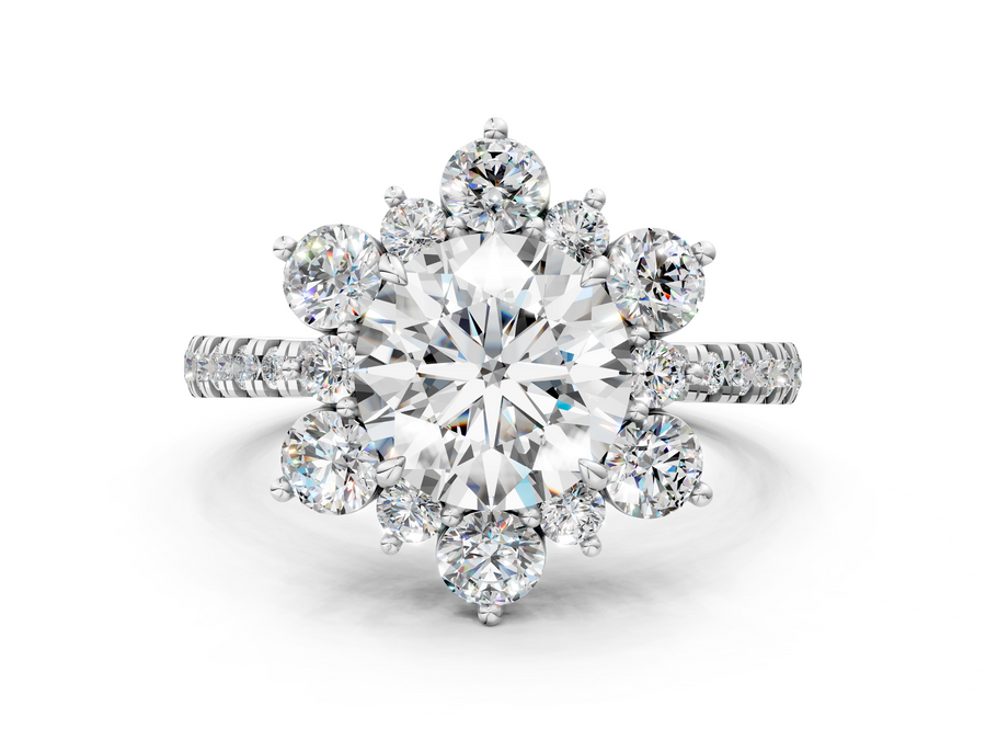 White gold Round Cut Diamond Floral Halo Pave Band with Prong Setting