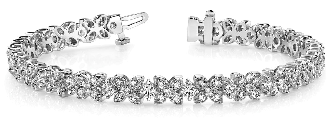 White gold Round Cut Diamond Floral Tennis Bracelet with Prong Setting