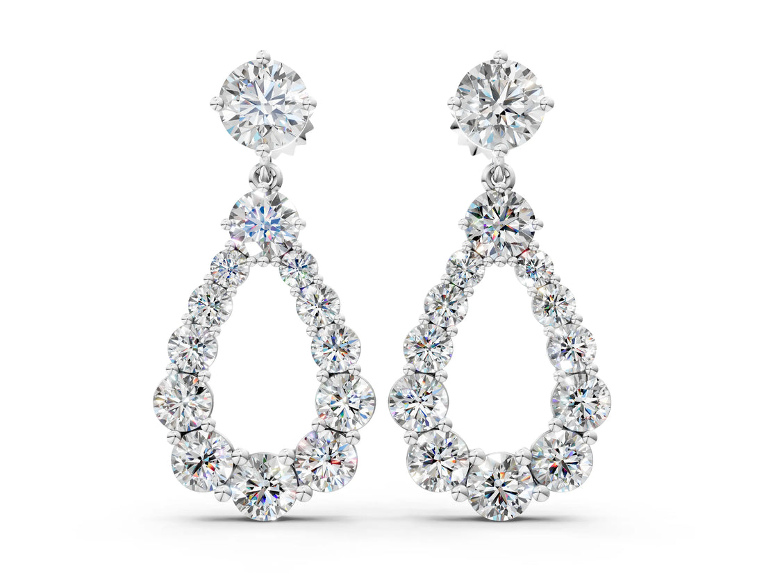 White gold Round Cut Diamond Graduated Shared Prong Drop Earrings
