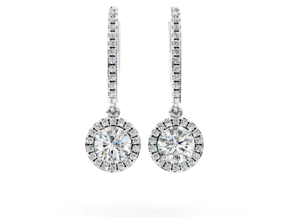 White gold Round Cut Diamond Halo Drop Earrings with Pavé Hoop