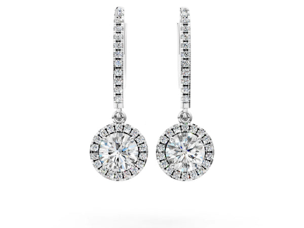 White gold Round Cut Diamond Halo Drop Earrings with Pavé Hoop