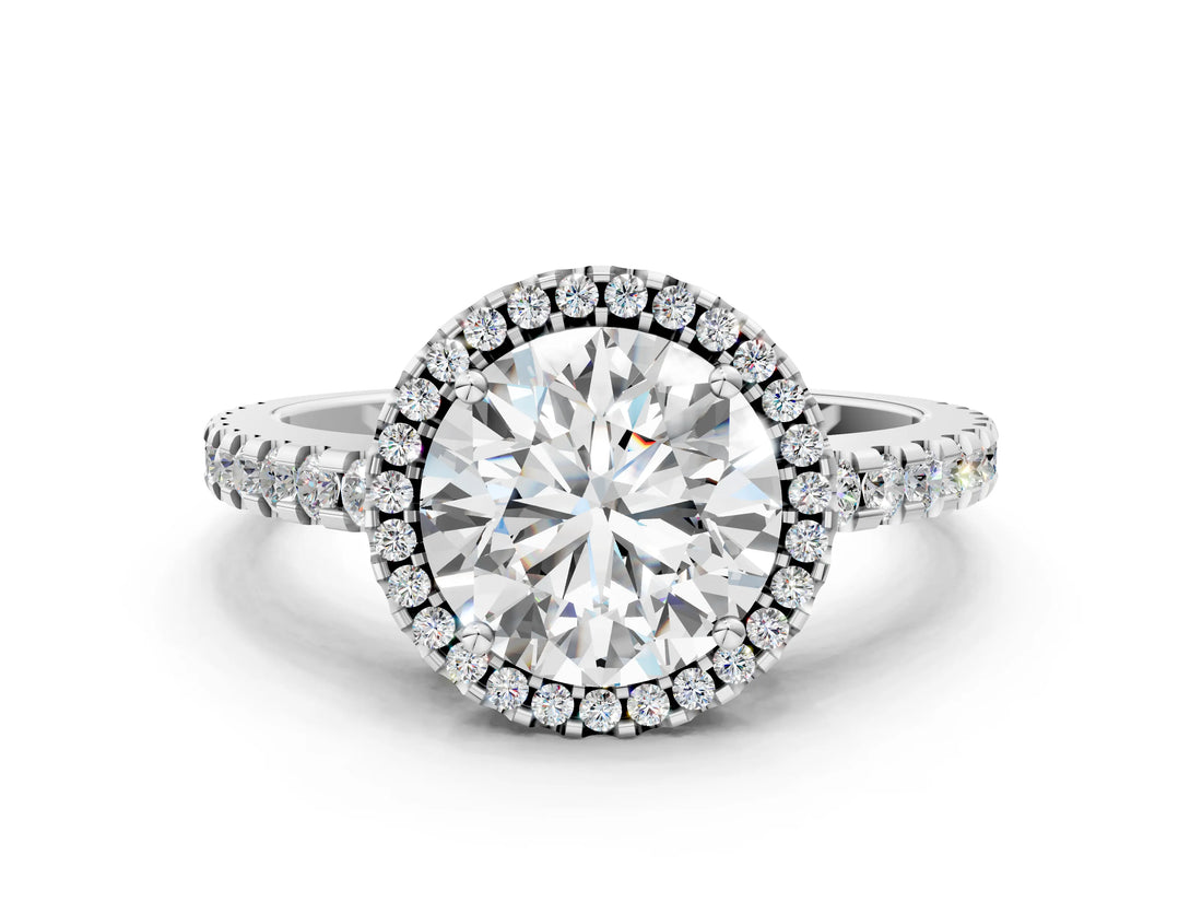 White gold Round Cut Diamond Halo Engagement Ring with Pavé Band and Prong Setting_27
