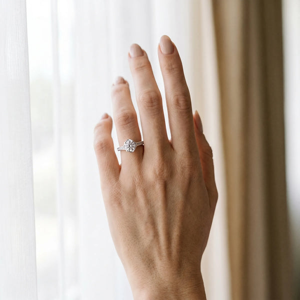 White gold Round Cut Diamond Halo Pave Band Cushion Prong Ring