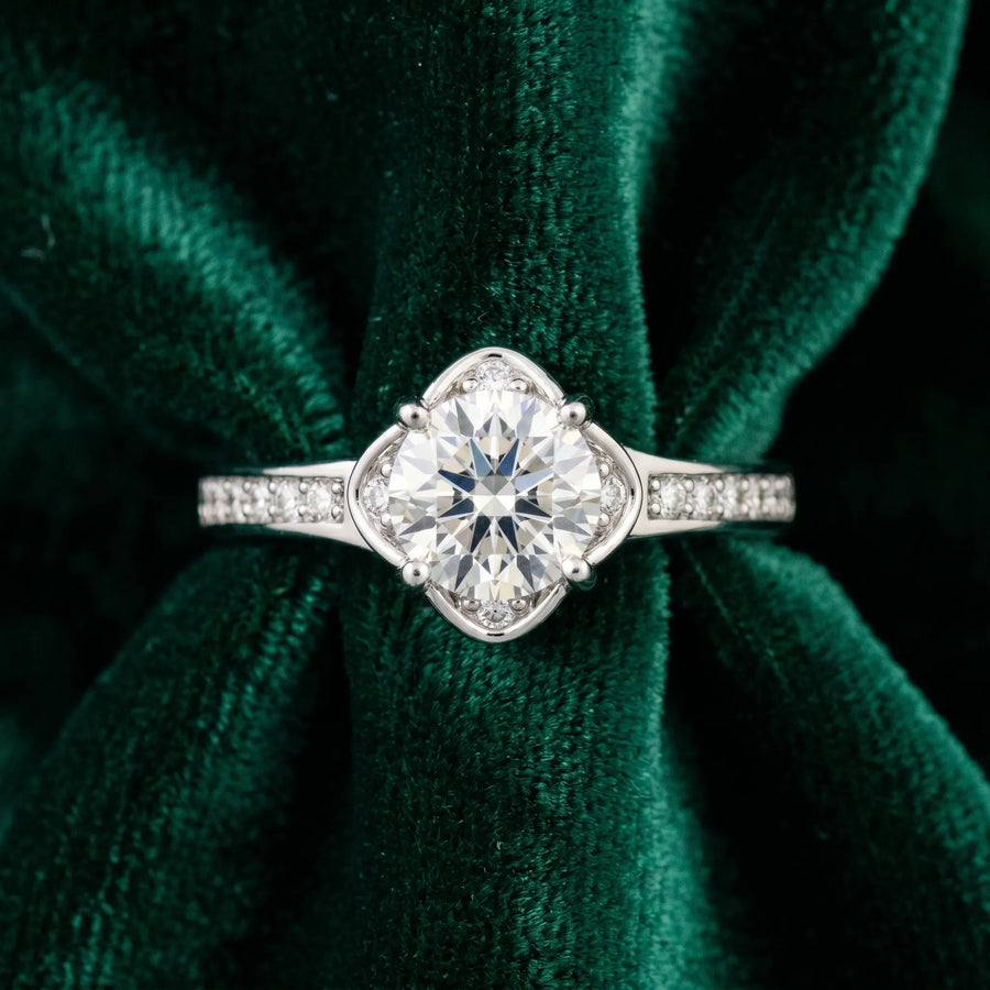 White gold Round Cut Diamond Halo Pave Band Cushion Prong Ring