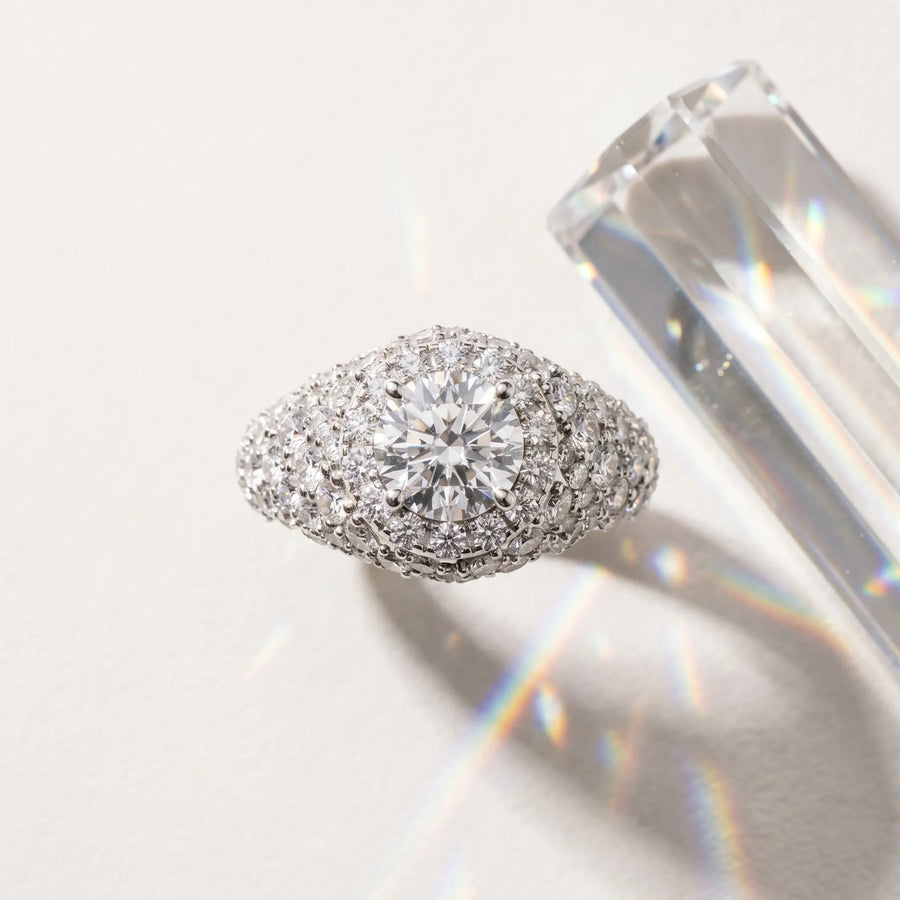 White gold Round Cut Diamond Halo Pave Band Prong Setting Ring