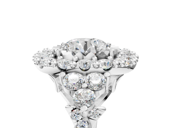 White gold Round Cut Diamond Halo Ring with Pavé Band and Four-Prong Setting