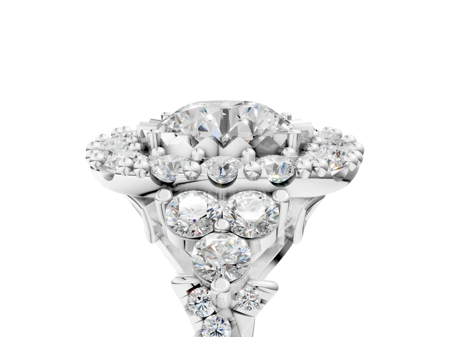 White gold Round Cut Diamond Halo Ring with Pavé Band and Four-Prong Setting