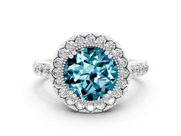 White gold Round Cut Blue Topaz Halo Ring with Pavé Band and Prong Setting