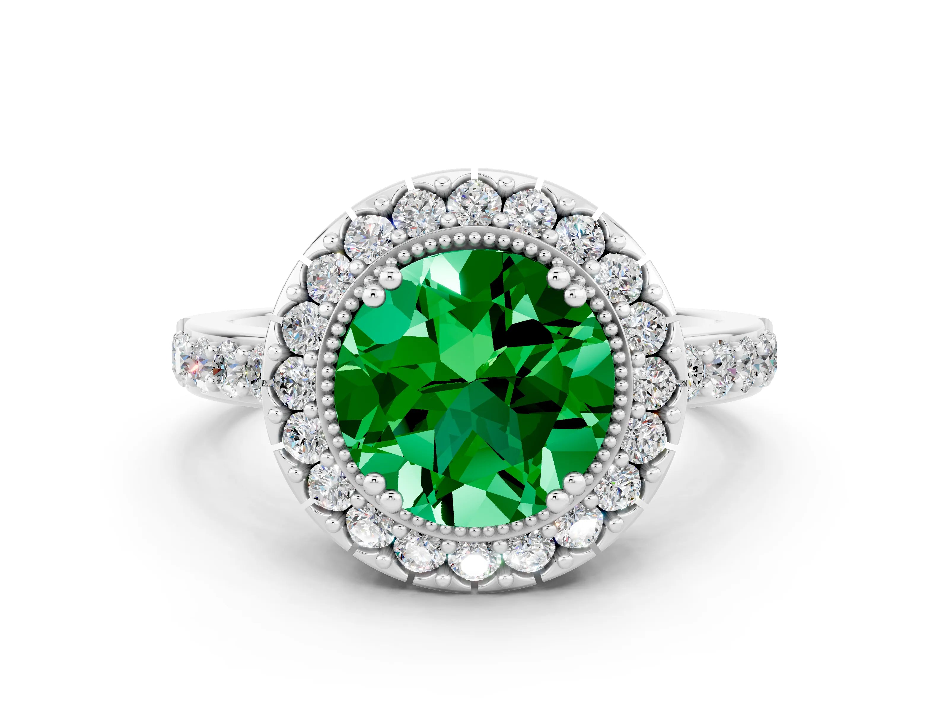 White gold Round Cut Diamond Halo Ring with Pavé Band and Prong Setting