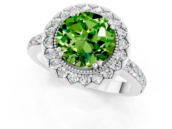 Platinum Round Cut Peridot Halo Ring with Pavé Band and Prong Setting