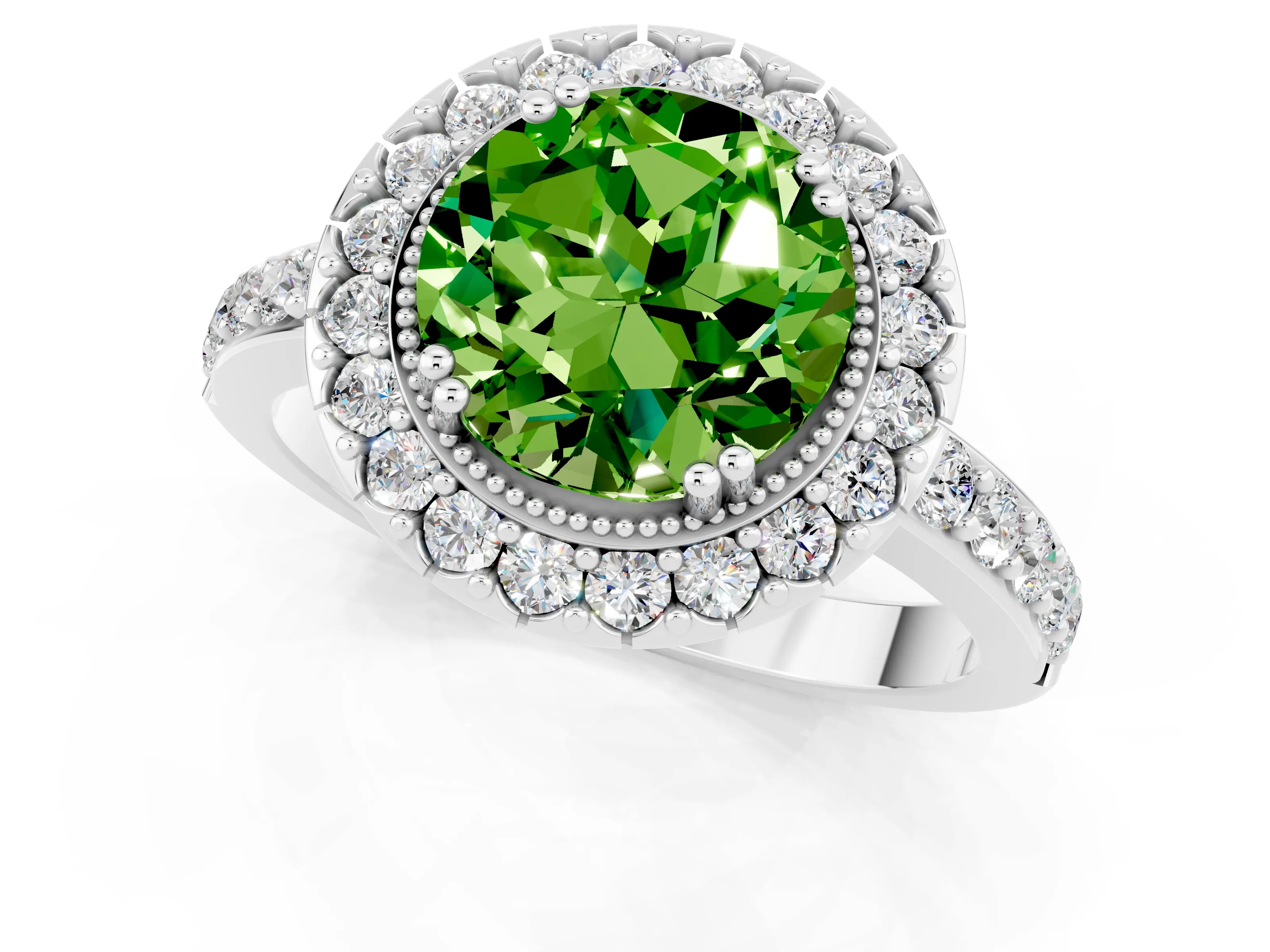 White gold Round Cut Diamond Halo Ring with Pavé Band and Prong Setting_1