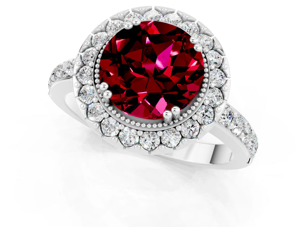 Platinum Round Cut Garnet Halo Ring with Pavé Band and Prong Setting