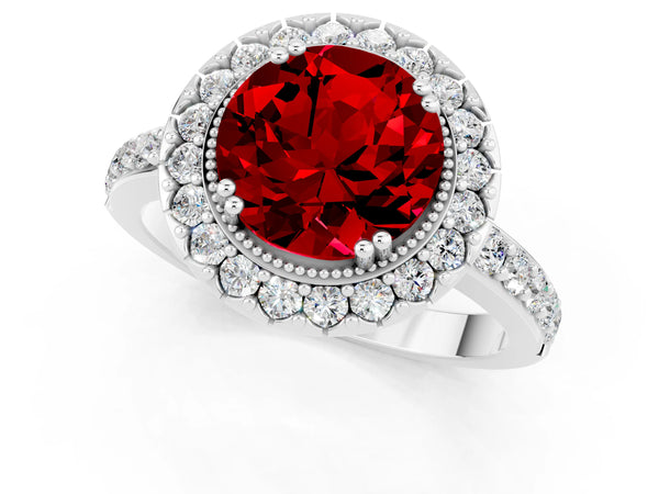 White gold Round Cut Ruby Halo Ring with Pavé Band and Prong Setting