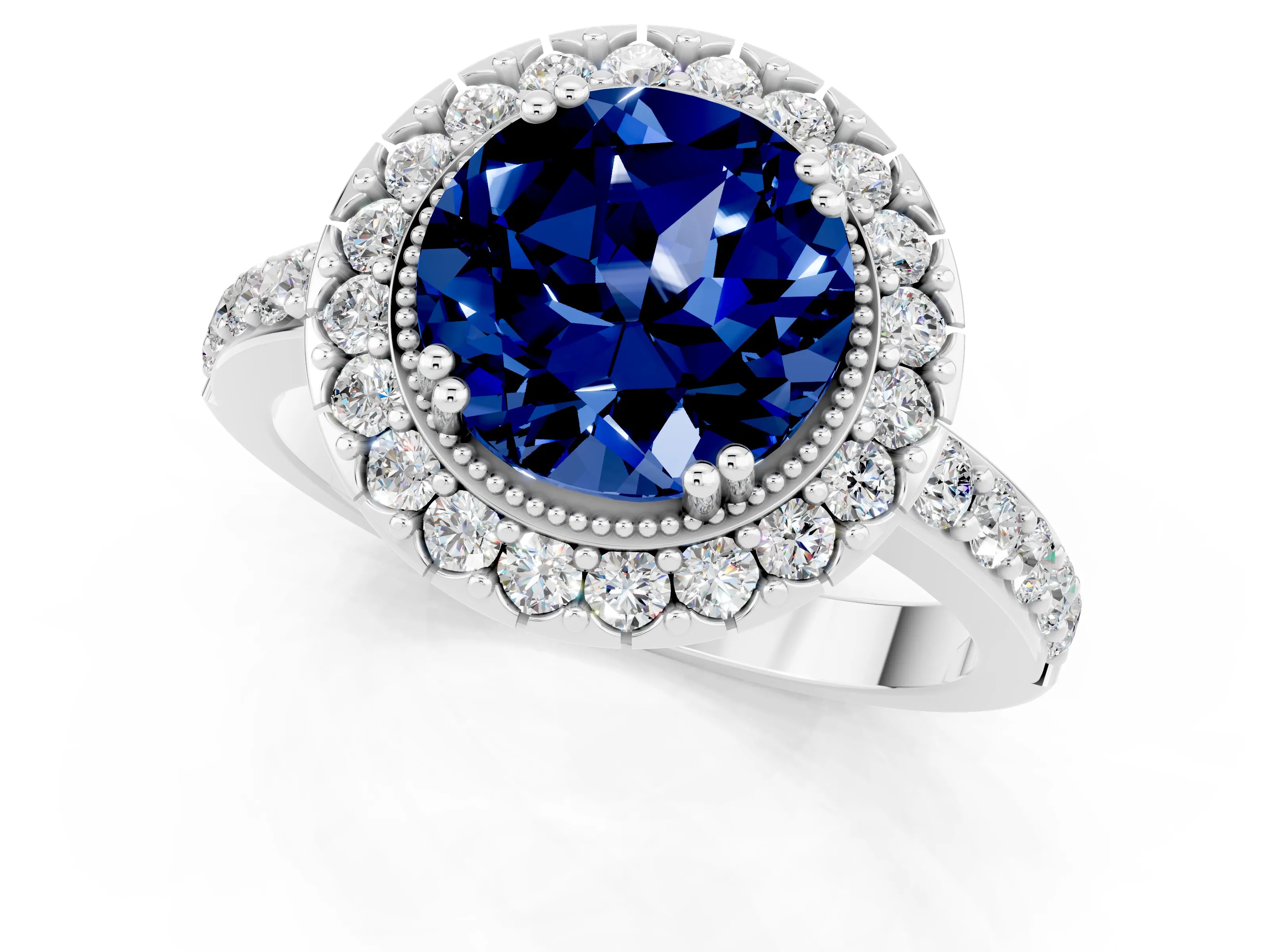 White gold Round Cut Diamond Halo Ring with Pavé Band and Prong Setting_1