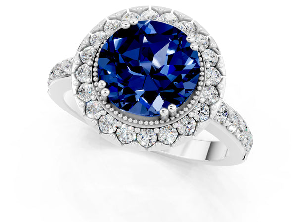 Silver Round Cut Blue Sapphire Halo Ring with Pavé Band and Prong Setting