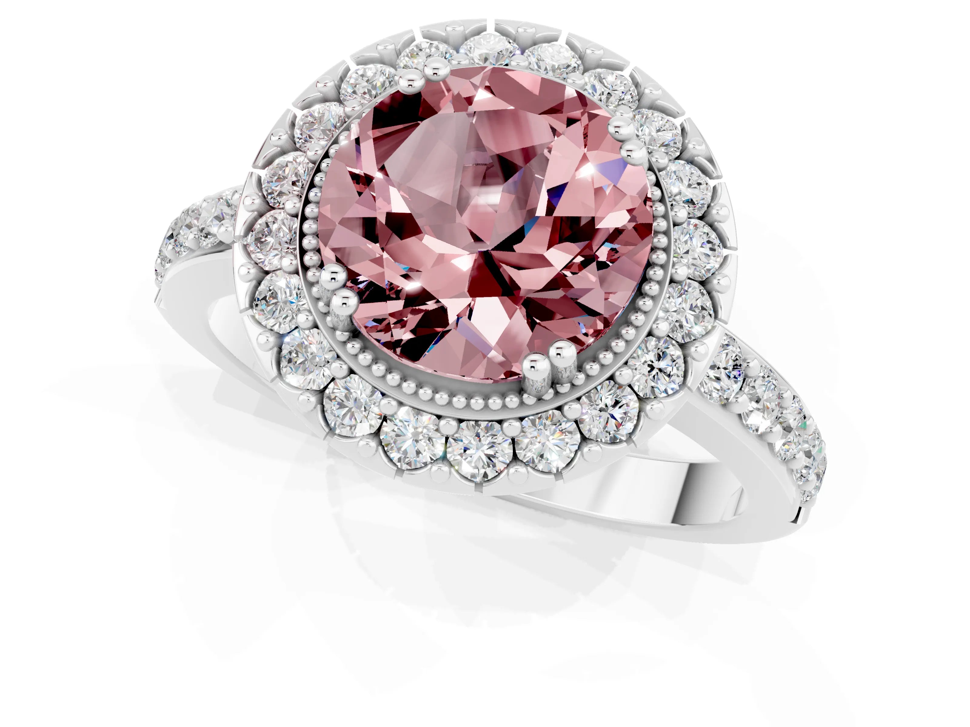 White gold Round Cut Diamond Halo Ring with Pavé Band and Prong Setting_1