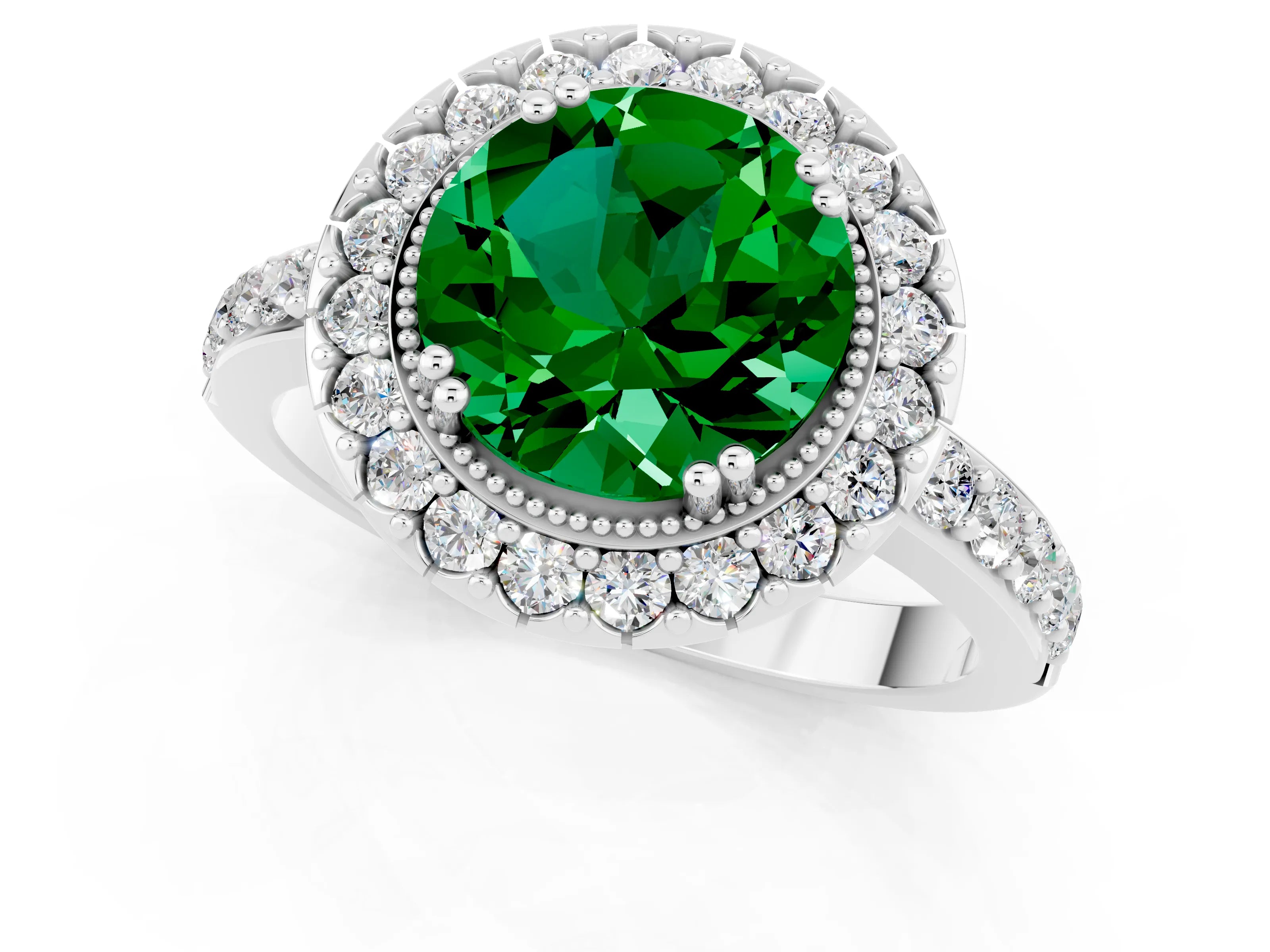 White gold Round Cut Diamond Halo Ring with Pavé Band and Prong Setting_1