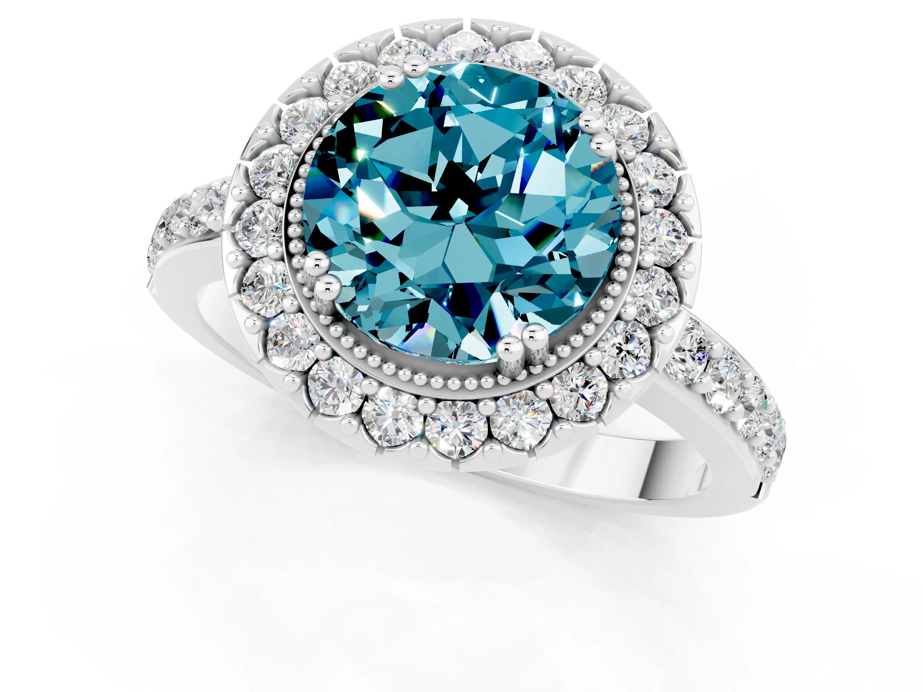 White gold Round Cut Diamond Halo Ring with Pavé Band and Prong Setting_1
