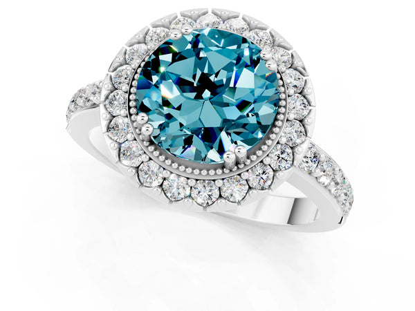 White gold Round Cut Blue Topaz Halo Ring with Pavé Band and Prong Setting