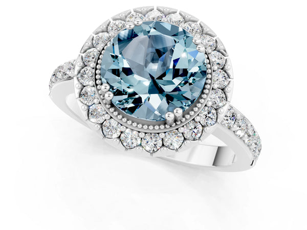 Platinum Round Cut Aquamarine Halo Ring with Pavé Band and Prong Setting